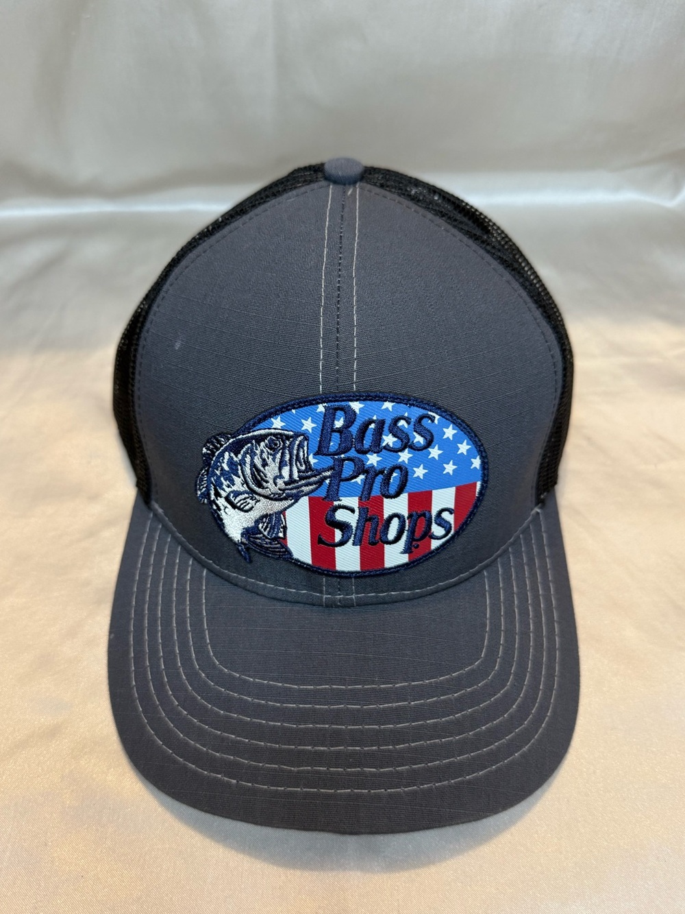 Bass Pro Shops Gray and Black Trucker Cap with American Patch